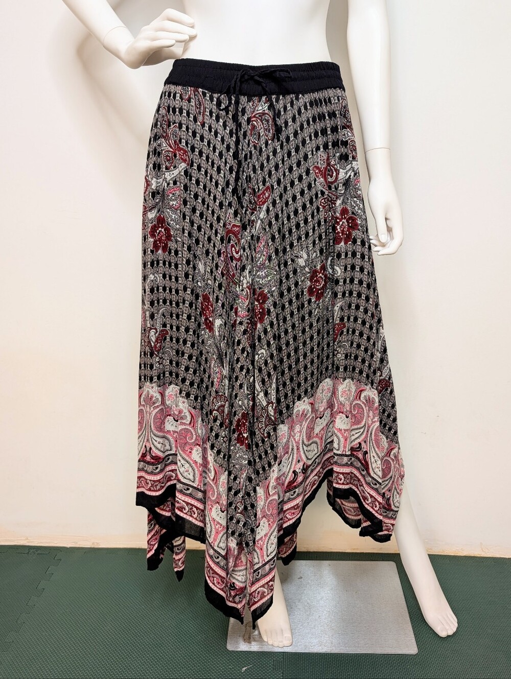 Y2K Black, Red & Pink Paisley Boho Handkerchief Hem Flowy Semi Sheer Maxi Skirt